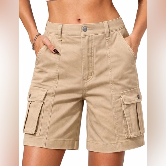 Bermuda Cargo, Elastic High Waist 6 Pockets 7in Inseam Summer Jorts for Women - Picture 1 of 13